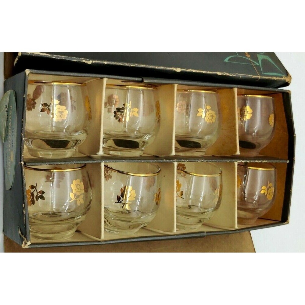 VTG MCM Libbey Crystal Aqua Tempo Provincial Gold Rose 4 oz Cocktail Glasses X8